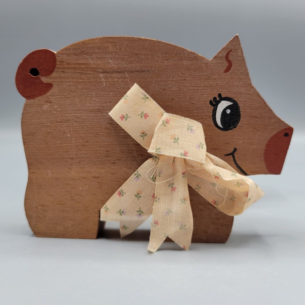 Vintage Wooden Pig with Bow Napkin Holder Farmhause Country Table Decor